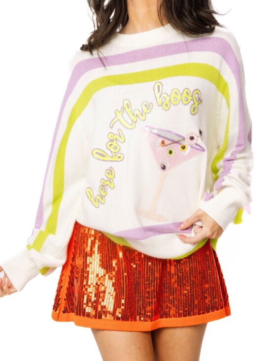 QUEEN OF SPARKLES Sweaters - QUEEN OF SPARKLES Ivory, Green & Purple 'Here For The Boos' Striped Knit Sweater